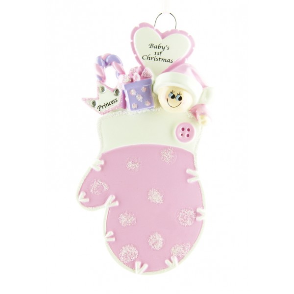 Personalised - Baby's First Christmas Mitten Pink Tree Hanger