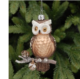 Glitter Owl on Branch Glass Bauble