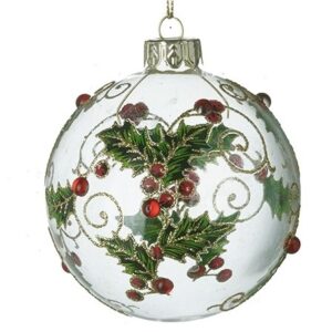 Glitter Holly Design Clear Glass Bauble