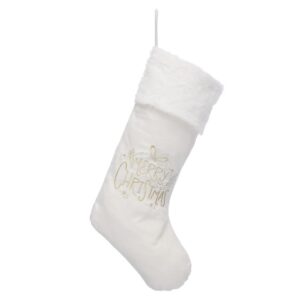 Ivory Merry Christmas Design Velvet Stocking with Fur Cuff