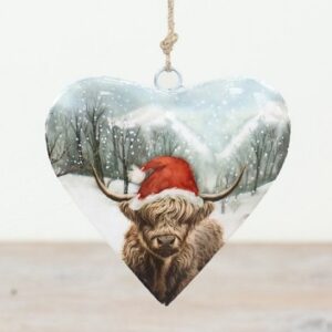 Festive Highland Cow Metal Heart Tree Hanger
