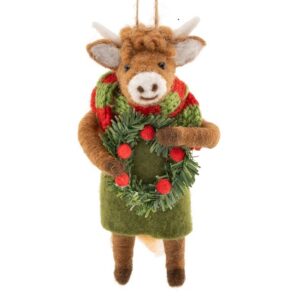 Felted Highland Coo with Festive Wreath Tree Hanger