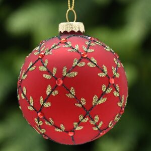 Glitter Leaf & Berry Red Glass Bauble