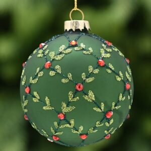 Glitter Leaf & Berry Green Glass Bauble