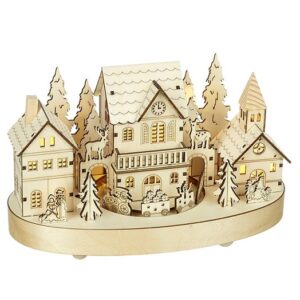 LED Wooden Village Scene with Moving Train